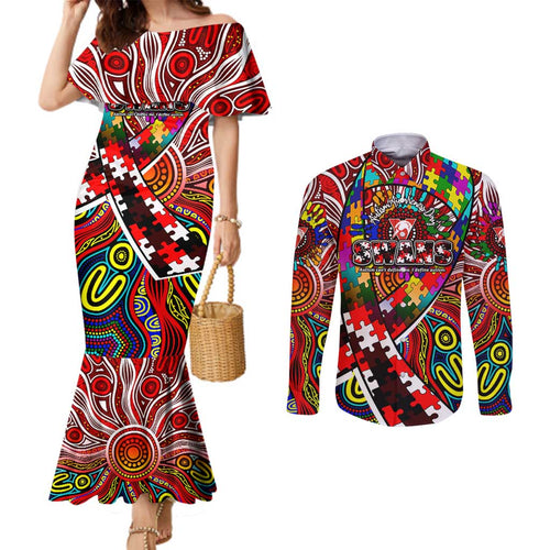 Autism Awareness Australia Sydney Swans Couples Matching Mermaid Dress and Long Sleeve Button Shirt Aboriginal Indigenous Art