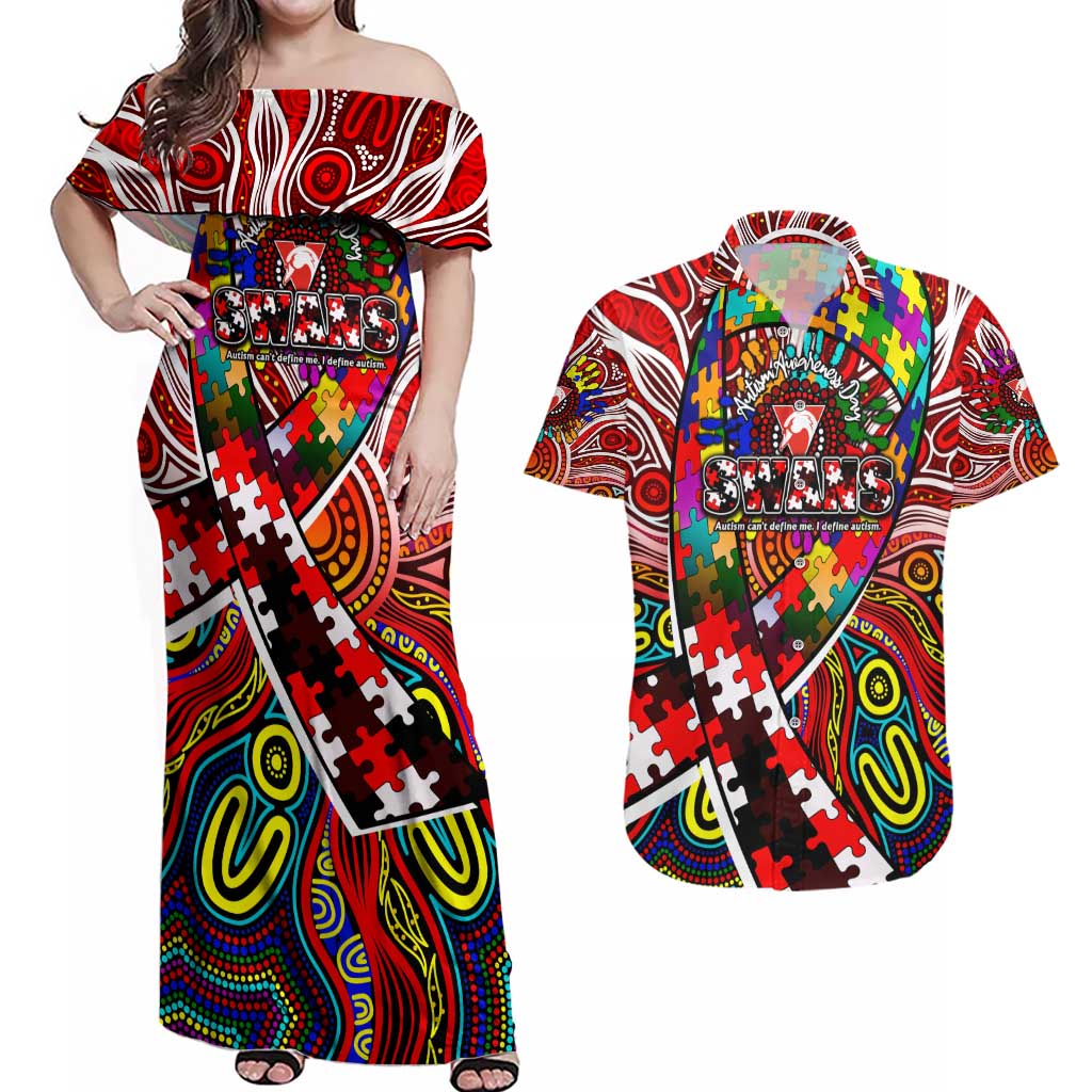 Autism Awareness Australia Sydney Swans Couples Matching Off Shoulder Maxi Dress and Hawaiian Shirt Aboriginal Indigenous Art