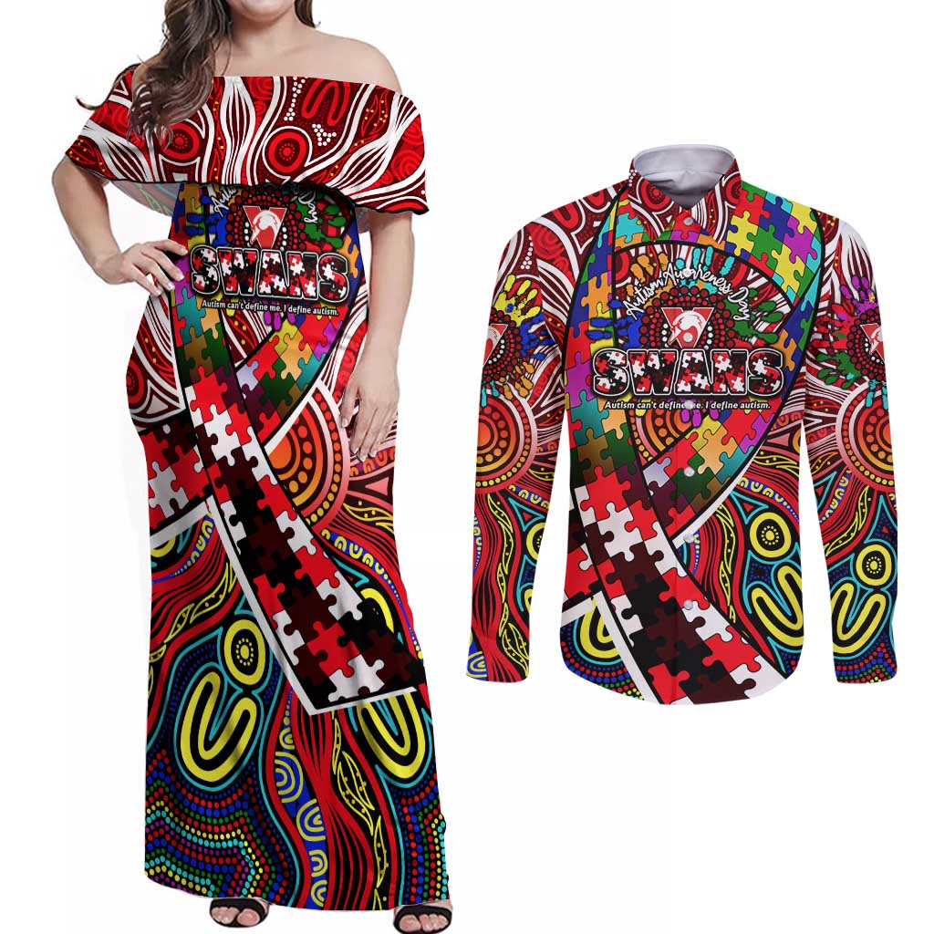 Autism Awareness Australia Sydney Swans Couples Matching Off Shoulder Maxi Dress and Long Sleeve Button Shirt Aboriginal Indigenous Art