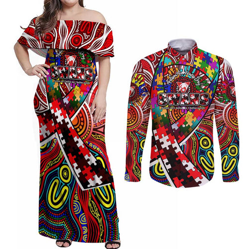 Autism Awareness Australia Sydney Swans Couples Matching Off Shoulder Maxi Dress and Long Sleeve Button Shirt Aboriginal Indigenous Art