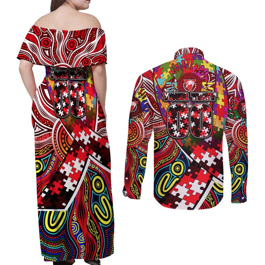 Autism Awareness Australia Sydney Swans Couples Matching Off Shoulder Maxi Dress and Long Sleeve Button Shirt Aboriginal Indigenous Art