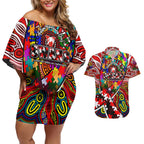 Autism Awareness Australia Sydney Swans Couples Matching Off Shoulder Short Dress and Hawaiian Shirt Aboriginal Indigenous Art