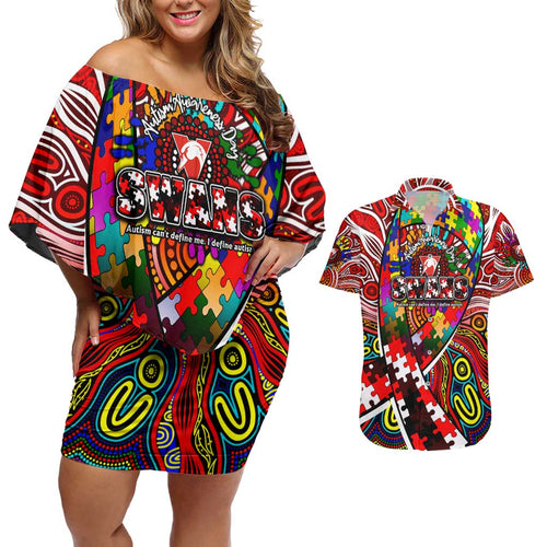 Autism Awareness Australia Sydney Swans Couples Matching Off Shoulder Short Dress and Hawaiian Shirt Aboriginal Indigenous Art