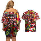 Autism Awareness Australia Sydney Swans Couples Matching Off Shoulder Short Dress and Hawaiian Shirt Aboriginal Indigenous Art