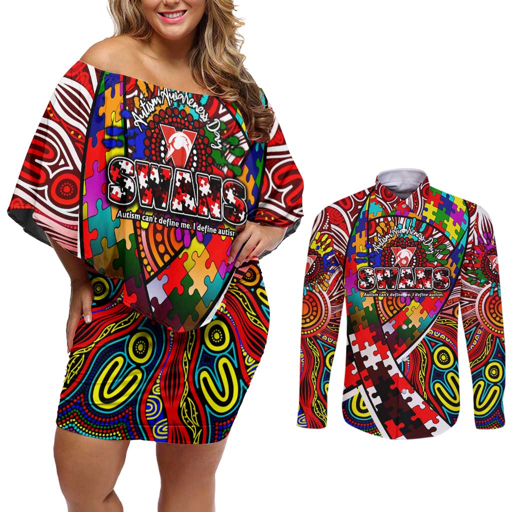 Autism Awareness Australia Sydney Swans Couples Matching Off Shoulder Short Dress and Long Sleeve Button Shirt Aboriginal Indigenous Art