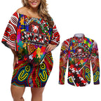 Autism Awareness Australia Sydney Swans Couples Matching Off Shoulder Short Dress and Long Sleeve Button Shirt Aboriginal Indigenous Art