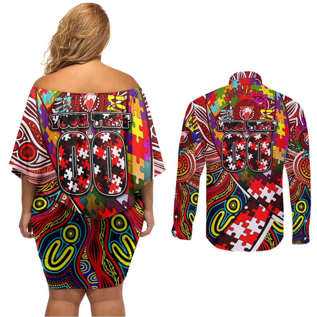 Autism Awareness Australia Sydney Swans Couples Matching Off Shoulder Short Dress and Long Sleeve Button Shirt Aboriginal Indigenous Art