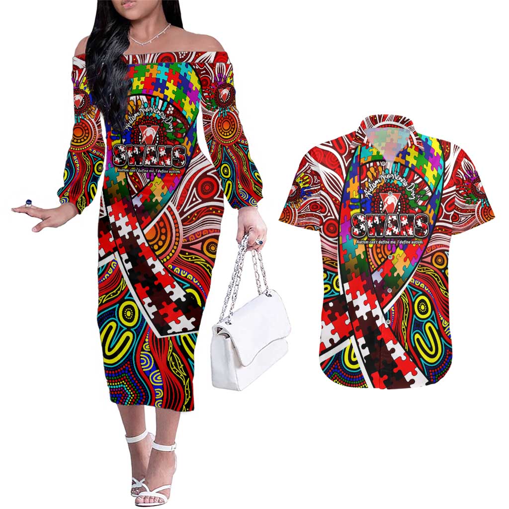Autism Awareness Australia Sydney Swans Couples Matching Off The Shoulder Long Sleeve Dress and Hawaiian Shirt Aboriginal Indigenous Art