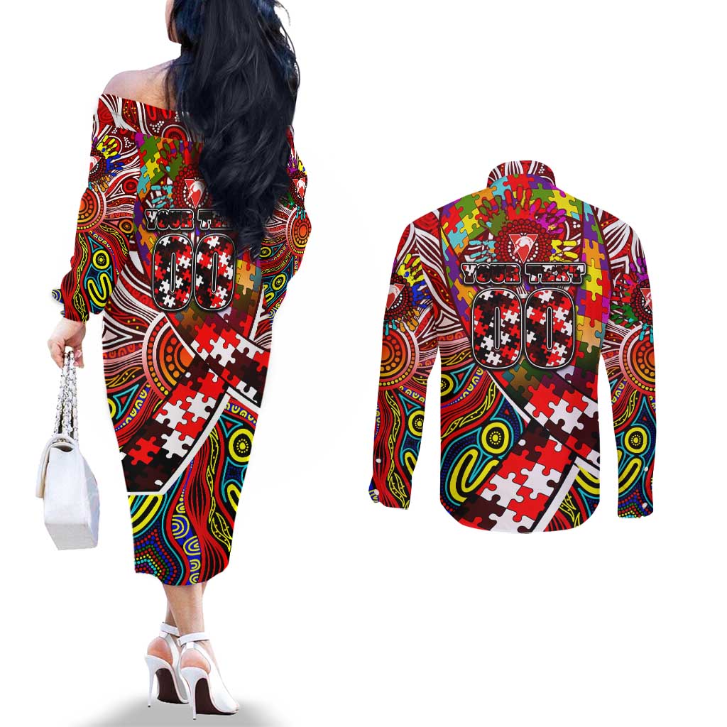 Autism Awareness Australia Sydney Swans Couples Matching Off The Shoulder Long Sleeve Dress and Long Sleeve Button Shirt Aboriginal Indigenous Art