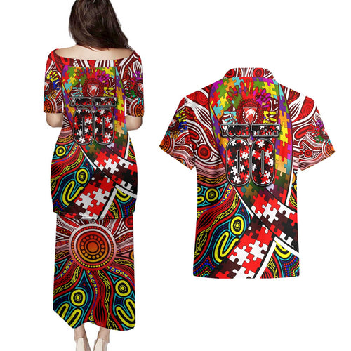 Autism Awareness Australia Sydney Swans Couples Matching Puletasi and Hawaiian Shirt Aboriginal Indigenous Art