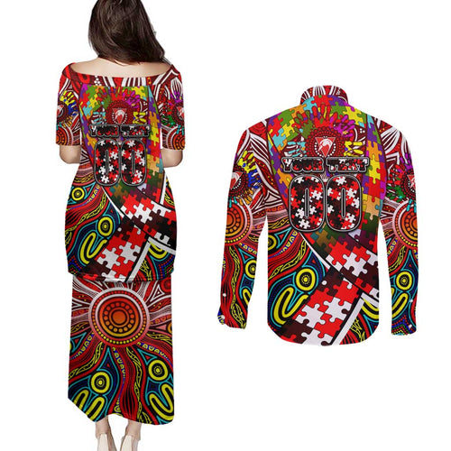 Autism Awareness Australia Sydney Swans Couples Matching Puletasi and Long Sleeve Button Shirt Aboriginal Indigenous Art