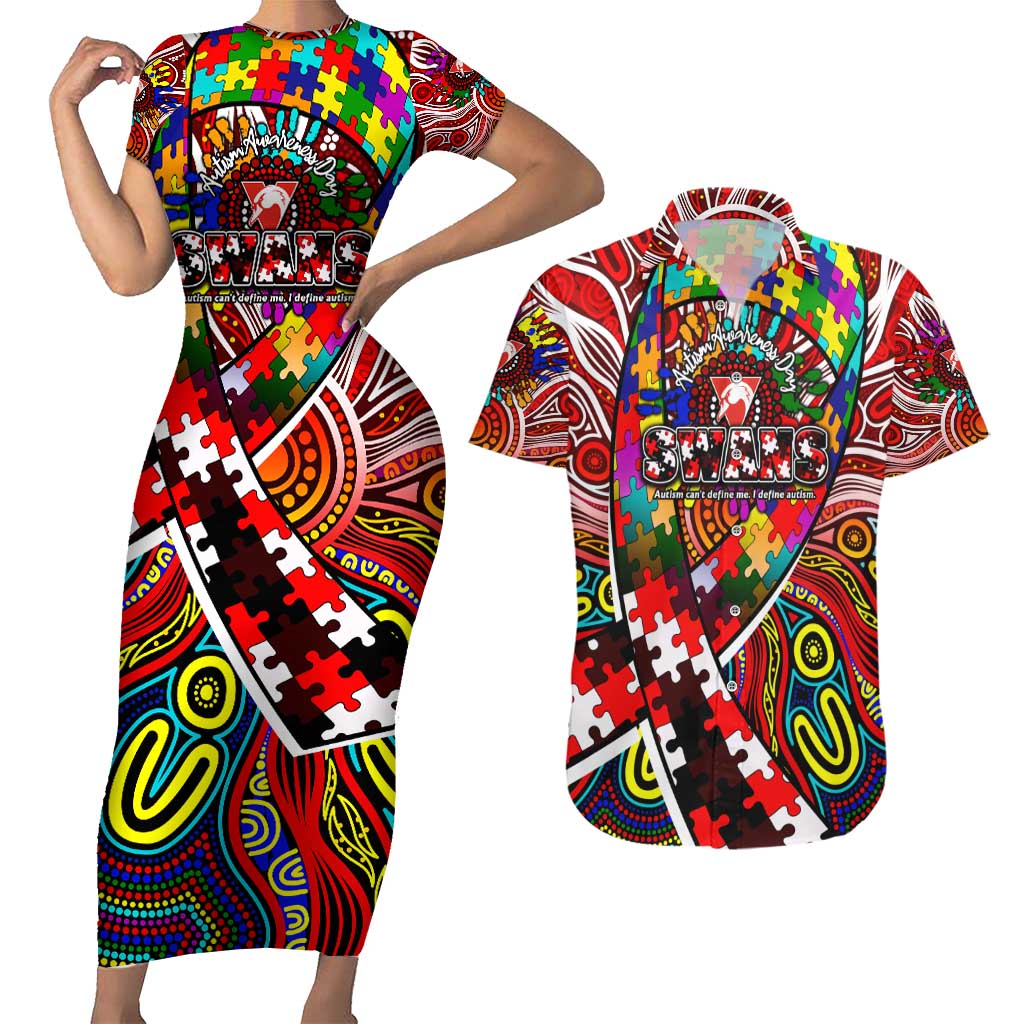 Autism Awareness Australia Sydney Swans Couples Matching Short Sleeve Bodycon Dress and Hawaiian Shirt Aboriginal Indigenous Art