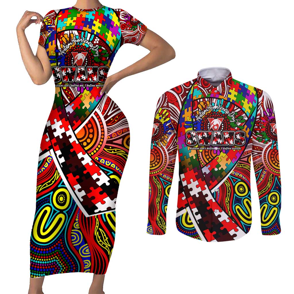 Autism Awareness Australia Sydney Swans Couples Matching Short Sleeve Bodycon Dress and Long Sleeve Button Shirt Aboriginal Indigenous Art