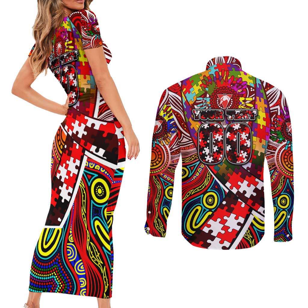 Autism Awareness Australia Sydney Swans Couples Matching Short Sleeve Bodycon Dress and Long Sleeve Button Shirt Aboriginal Indigenous Art