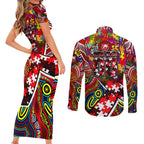 Autism Awareness Australia Sydney Swans Couples Matching Short Sleeve Bodycon Dress and Long Sleeve Button Shirt Aboriginal Indigenous Art