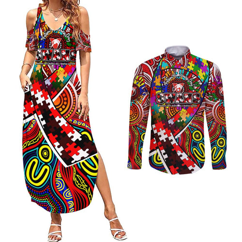 Autism Awareness Australia Sydney Swans Couples Matching Summer Maxi Dress and Long Sleeve Button Shirt Aboriginal Indigenous Art
