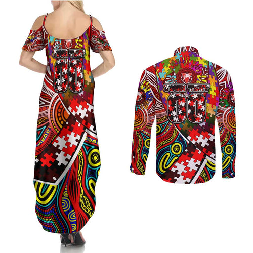 Autism Awareness Australia Sydney Swans Couples Matching Summer Maxi Dress and Long Sleeve Button Shirt Aboriginal Indigenous Art