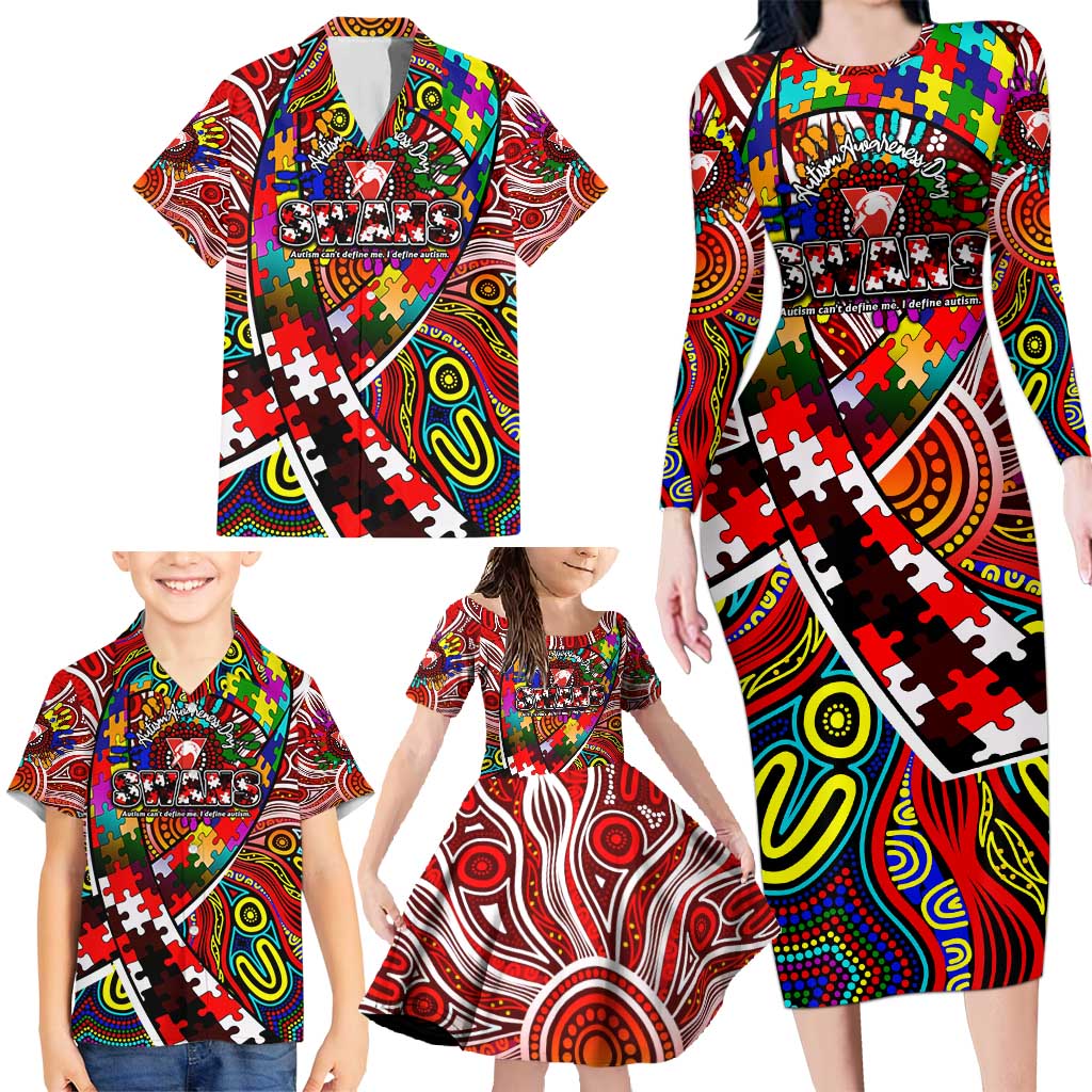 Autism Awareness Australia Sydney Swans Family Matching Long Sleeve Bodycon Dress and Hawaiian Shirt Aboriginal Indigenous Art