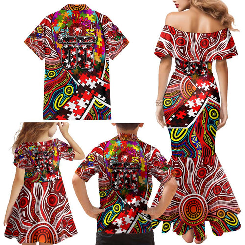 Autism Awareness Australia Sydney Swans Family Matching Mermaid Dress and Hawaiian Shirt Aboriginal Indigenous Art