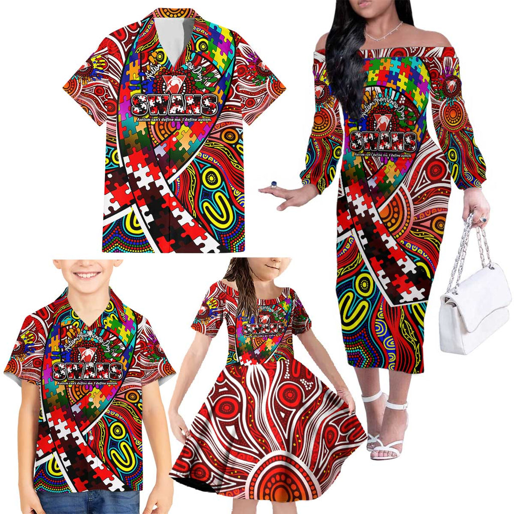 Autism Awareness Australia Sydney Swans Family Matching Off The Shoulder Long Sleeve Dress and Hawaiian Shirt Aboriginal Indigenous Art