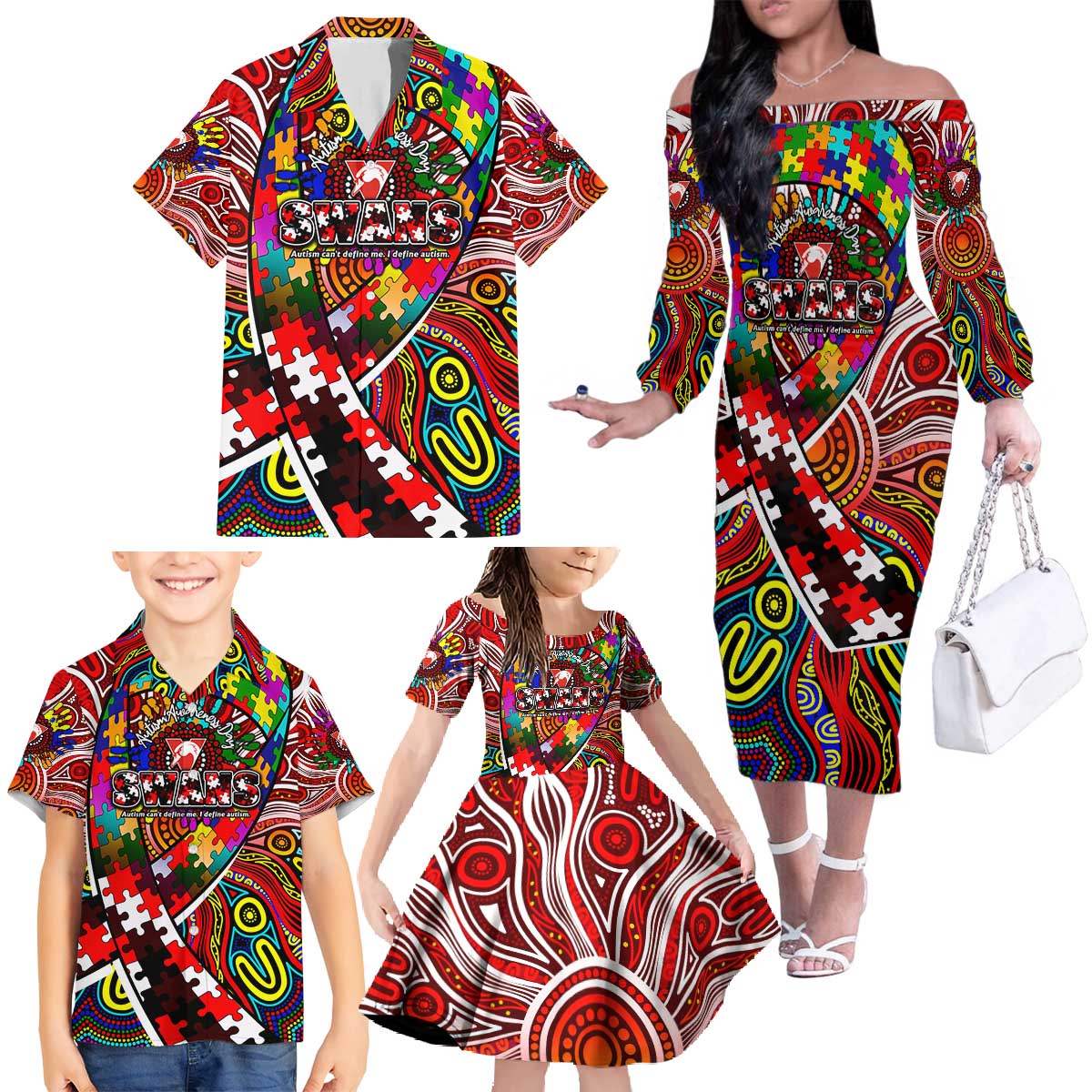 Autism Awareness Australia Sydney Swans Family Matching Off The Shoulder Long Sleeve Dress and Hawaiian Shirt Aboriginal Indigenous Art