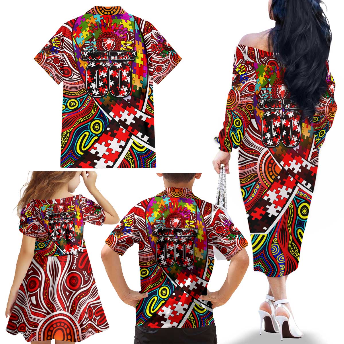 Autism Awareness Australia Sydney Swans Family Matching Off The Shoulder Long Sleeve Dress and Hawaiian Shirt Aboriginal Indigenous Art