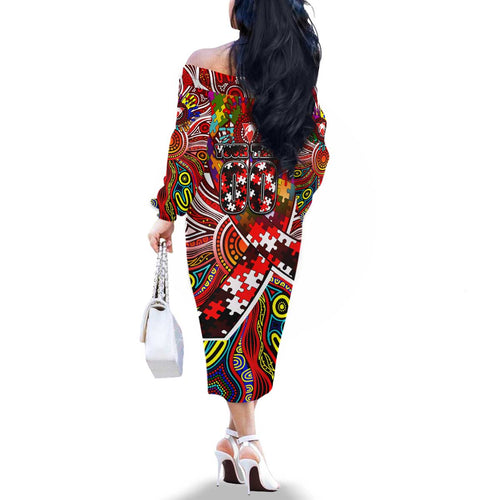 Autism Awareness Australia Sydney Swans Family Matching Off The Shoulder Long Sleeve Dress and Hawaiian Shirt Aboriginal Indigenous Art