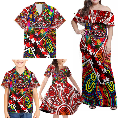 Autism Awareness Australia Sydney Swans Family Matching Off Shoulder Maxi Dress and Hawaiian Shirt Aboriginal Indigenous Art