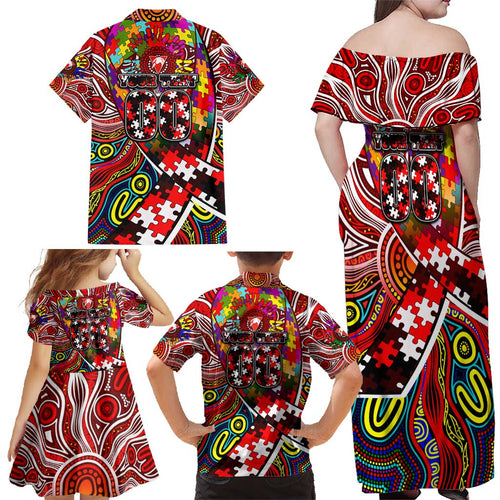 Autism Awareness Australia Sydney Swans Family Matching Off Shoulder Maxi Dress and Hawaiian Shirt Aboriginal Indigenous Art