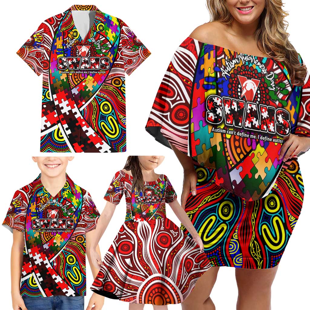 Autism Awareness Australia Sydney Swans Family Matching Off Shoulder Short Dress and Hawaiian Shirt Aboriginal Indigenous Art