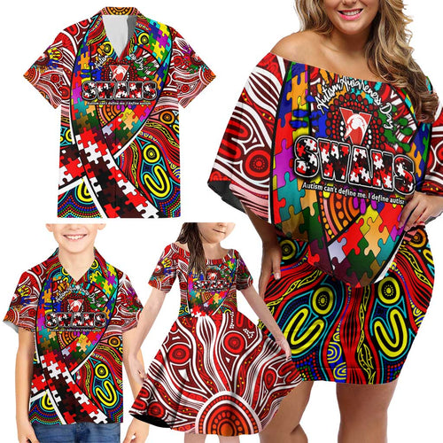 Autism Awareness Australia Sydney Swans Family Matching Off Shoulder Short Dress and Hawaiian Shirt Aboriginal Indigenous Art