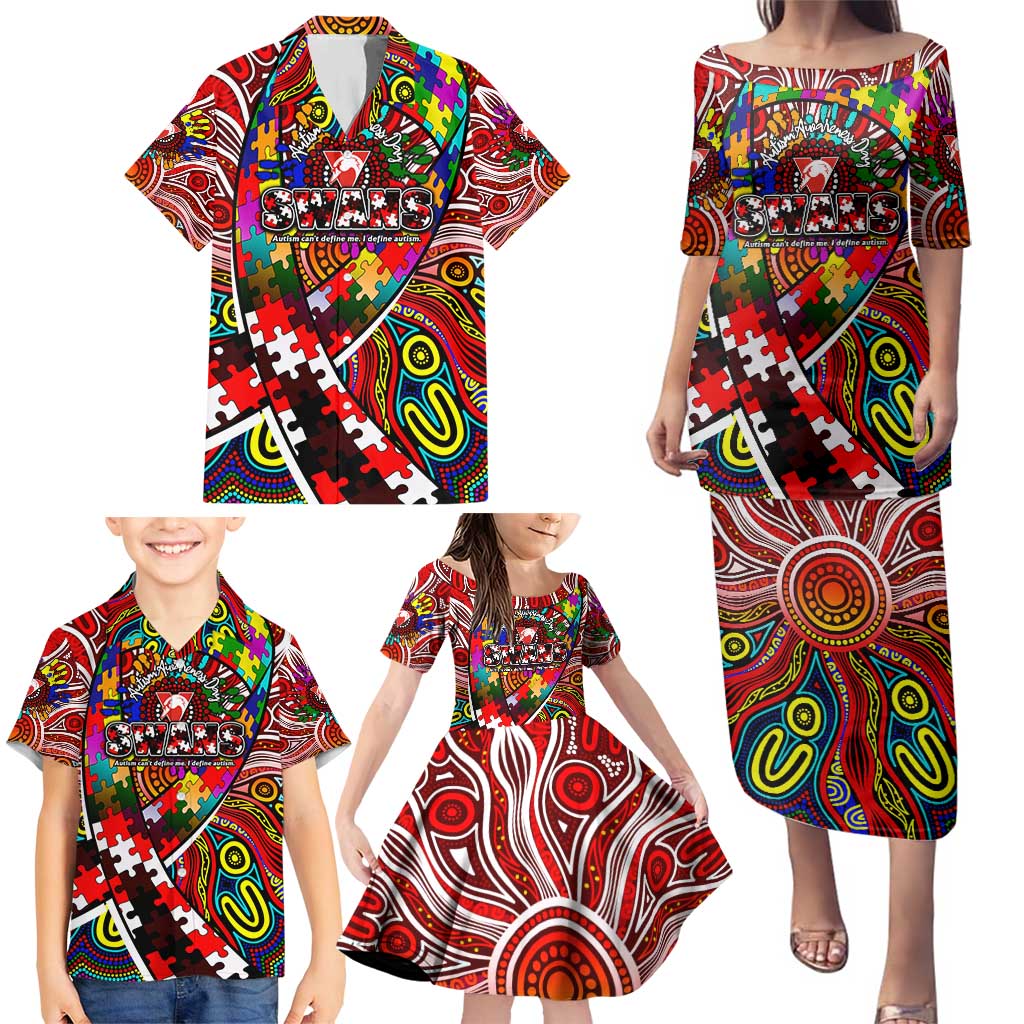 Autism Awareness Australia Sydney Swans Family Matching Puletasi and Hawaiian Shirt Aboriginal Indigenous Art