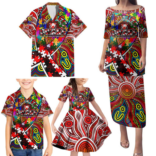 Autism Awareness Australia Sydney Swans Family Matching Puletasi and Hawaiian Shirt Aboriginal Indigenous Art