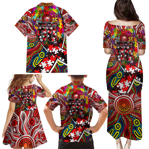 Autism Awareness Australia Sydney Swans Family Matching Puletasi and Hawaiian Shirt Aboriginal Indigenous Art