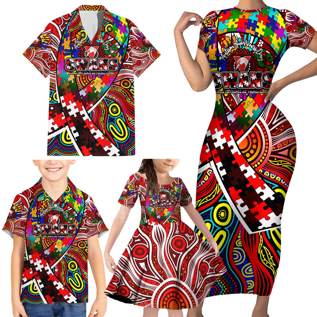 Autism Awareness Australia Sydney Swans Family Matching Short Sleeve Bodycon Dress and Hawaiian Shirt Aboriginal Indigenous Art