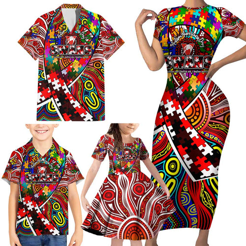 Autism Awareness Australia Sydney Swans Family Matching Short Sleeve Bodycon Dress and Hawaiian Shirt Aboriginal Indigenous Art