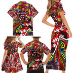 Autism Awareness Australia Sydney Swans Family Matching Short Sleeve Bodycon Dress and Hawaiian Shirt Aboriginal Indigenous Art