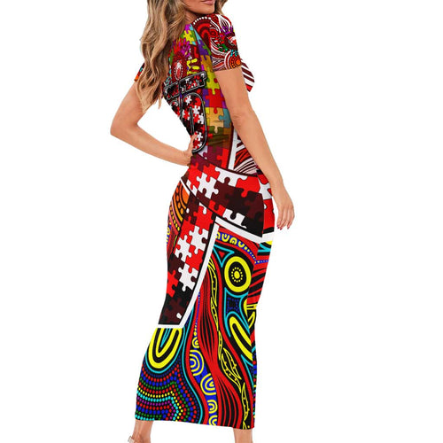 Autism Awareness Australia Sydney Swans Family Matching Short Sleeve Bodycon Dress and Hawaiian Shirt Aboriginal Indigenous Art
