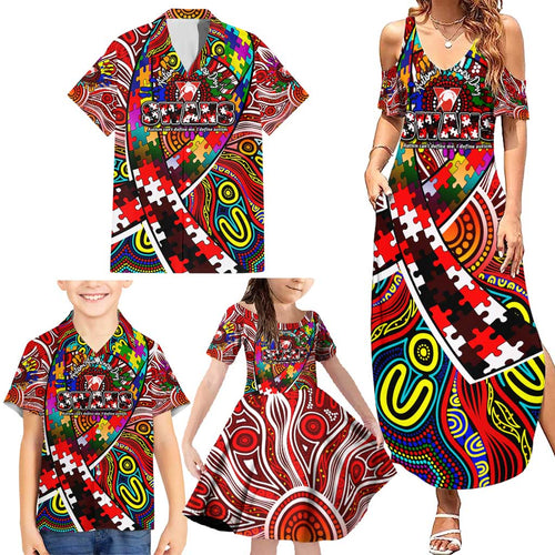 Autism Awareness Australia Sydney Swans Family Matching Summer Maxi Dress and Hawaiian Shirt Aboriginal Indigenous Art