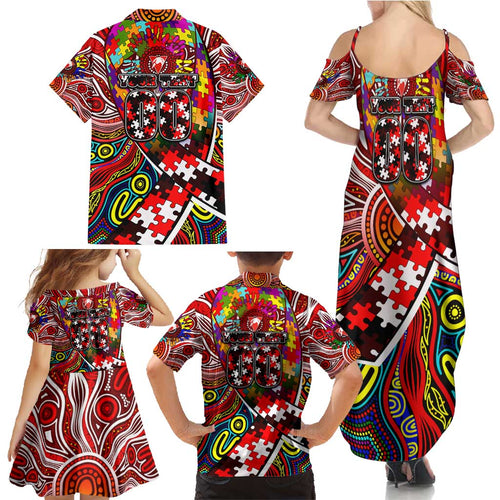 Autism Awareness Australia Sydney Swans Family Matching Summer Maxi Dress and Hawaiian Shirt Aboriginal Indigenous Art
