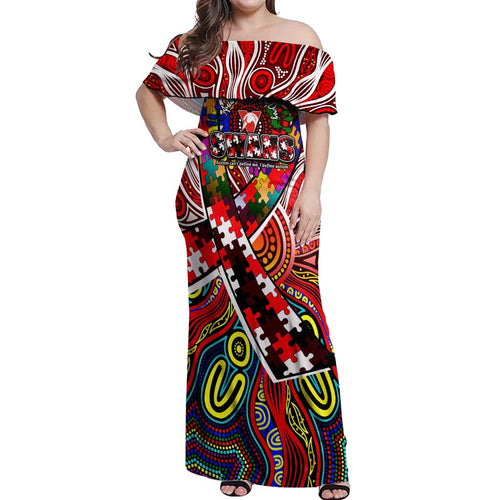 Autism Awareness Australia Sydney Swans Off Shoulder Maxi Dress Aboriginal Indigenous Art