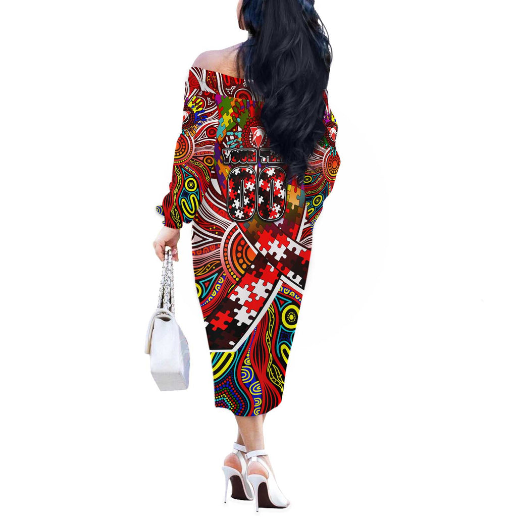 Autism Awareness Australia Sydney Swans Off The Shoulder Long Sleeve Dress Aboriginal Indigenous Art