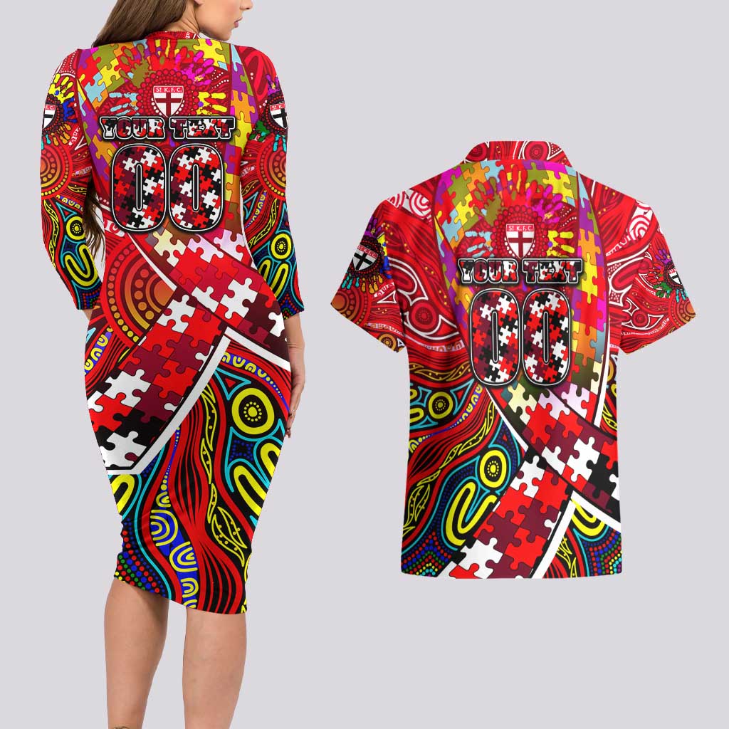 Autism Awareness Australia St Kilda Saints Couples Matching Long Sleeve Bodycon Dress and Hawaiian Shirt Aboriginal Indigenous Art