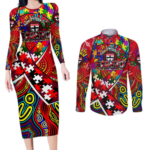 Autism Awareness Australia St Kilda Saints Couples Matching Long Sleeve Bodycon Dress and Long Sleeve Button Shirt Aboriginal Indigenous Art
