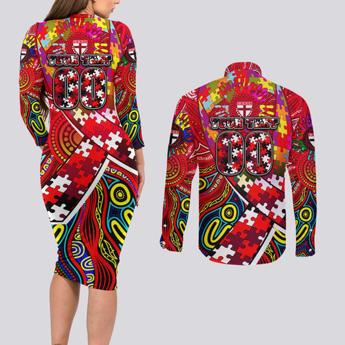 Autism Awareness Australia St Kilda Saints Couples Matching Long Sleeve Bodycon Dress and Long Sleeve Button Shirt Aboriginal Indigenous Art