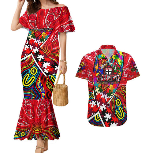 Autism Awareness Australia St Kilda Saints Couples Matching Mermaid Dress and Hawaiian Shirt Aboriginal Indigenous Art