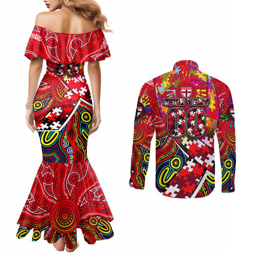 Autism Awareness Australia St Kilda Saints Couples Matching Mermaid Dress and Long Sleeve Button Shirt Aboriginal Indigenous Art