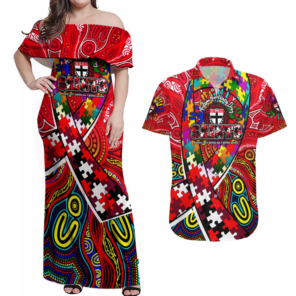 Autism Awareness Australia St Kilda Saints Couples Matching Off Shoulder Maxi Dress and Hawaiian Shirt Aboriginal Indigenous Art