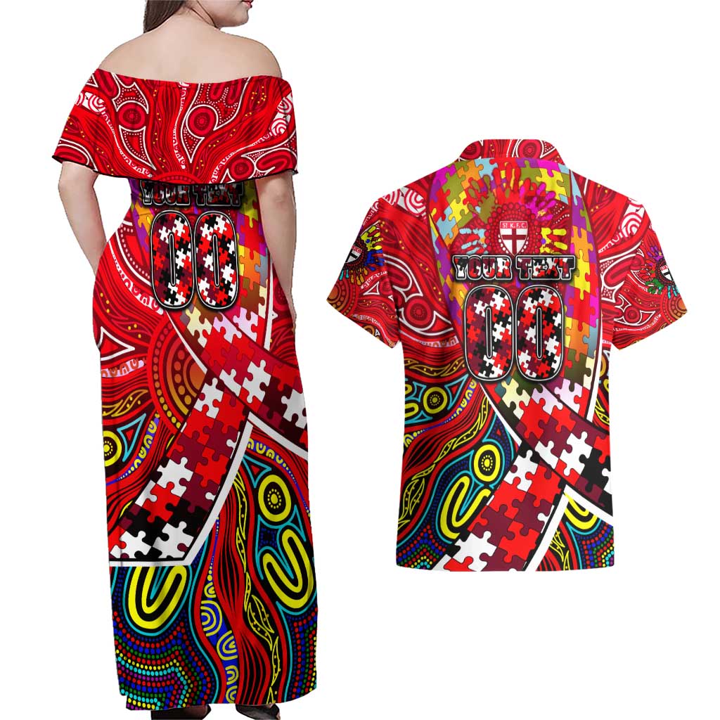 Autism Awareness Australia St Kilda Saints Couples Matching Off Shoulder Maxi Dress and Hawaiian Shirt Aboriginal Indigenous Art