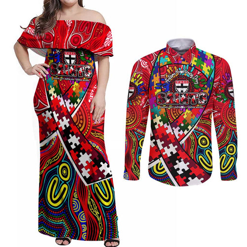 Autism Awareness Australia St Kilda Saints Couples Matching Off Shoulder Maxi Dress and Long Sleeve Button Shirt Aboriginal Indigenous Art